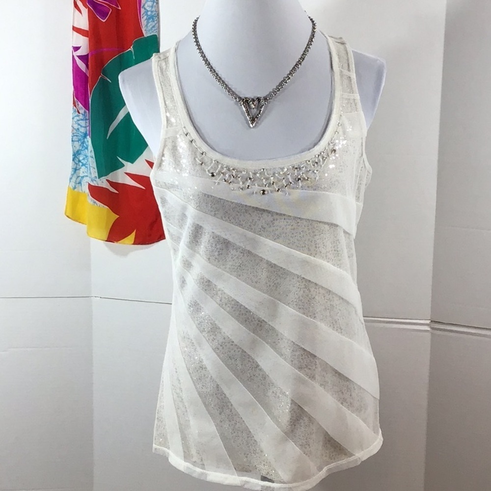 WHBM cream color embellished lace tank M